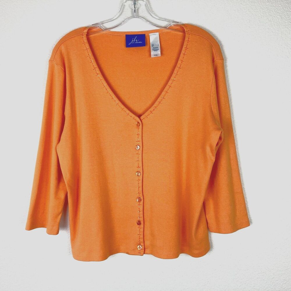 J. H. Collectibles Cardigan Sweater Size M-L Orange Cotton Knit Beaded Buttons